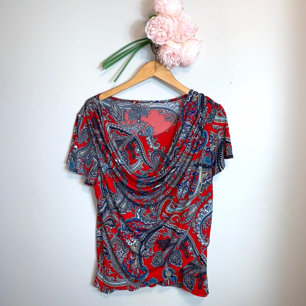 Red & Blue Paisley Draped Blouse Size XL